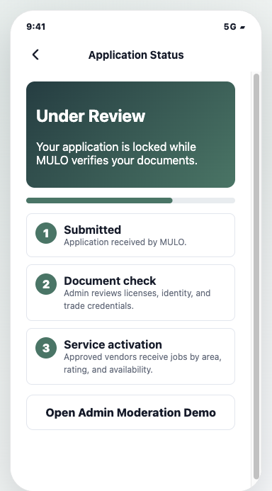 MULO vendor pending review screen